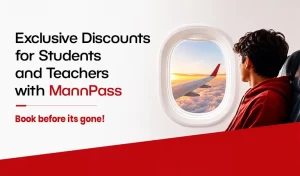 Web-Banner-MANNPASS-1 - Mann Travel Canada - Mann Travel Canada Promotional banner for MannPass: exclusive discounts for students and teachers, with a traveler looking out an airplane window.