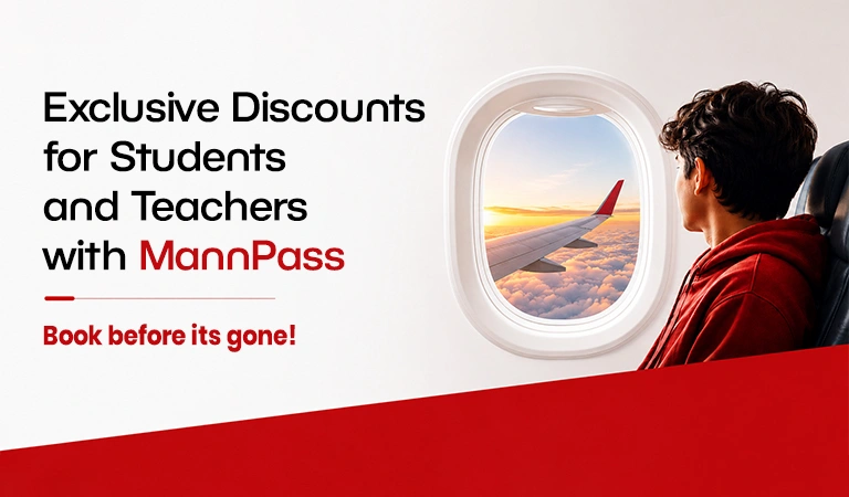 Promotional banner for MannPass: exclusive discounts for students and teachers, with a traveler looking out an airplane window.