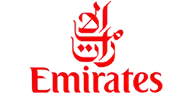 Emirates airline logo in red with the Arabic emblem above the word Emirates.