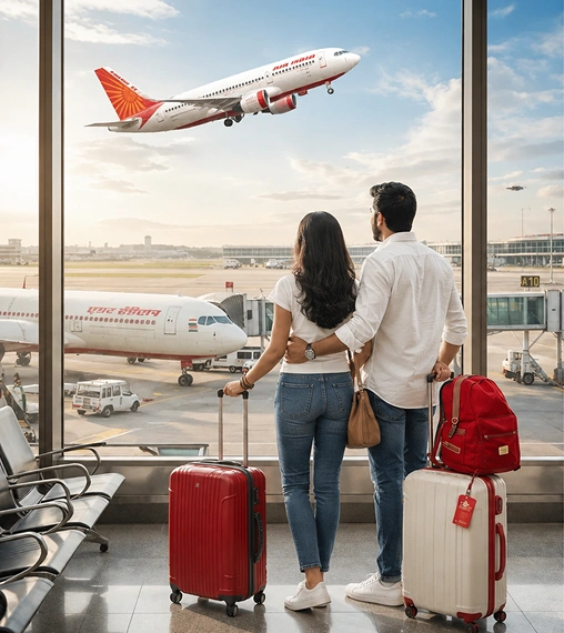 Couple at the airport window with rolling suitcases watching a white and red passenger jet take off.
