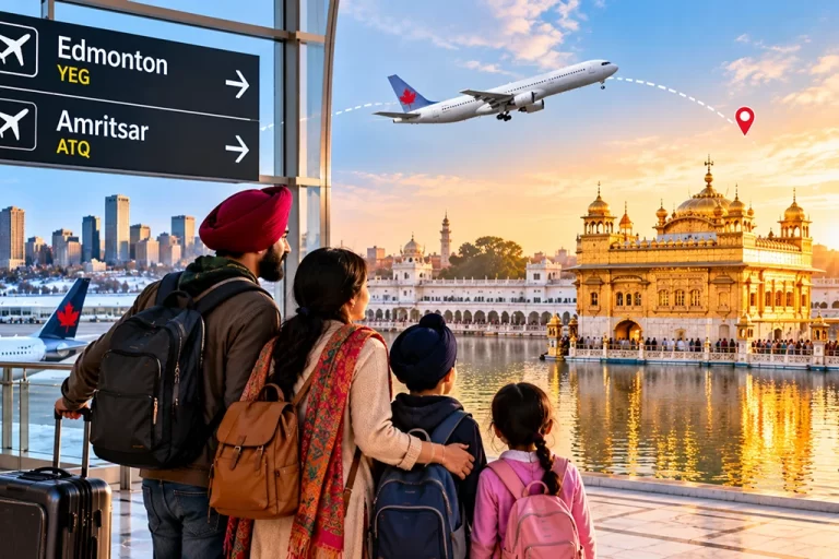 Flights Edmonton to Amritsar Connecting Albertas Punjabi Families to the Golden Temple - Mann Travel Canada Family with backpacks at an airport terminal, signs point to Edmonton and Amritsar as a plane flies toward the Golden Temple by a lake at sunset.