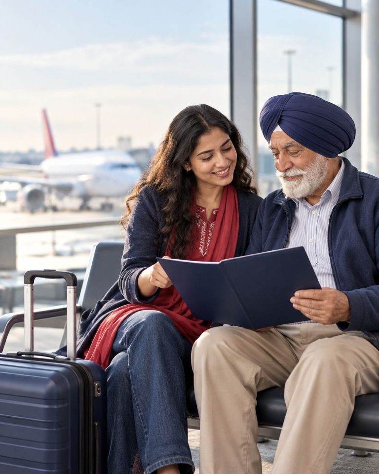 A daughter and her elderly father review travel plans together in an airport lounge.
