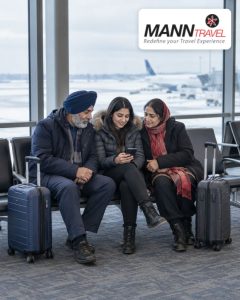 Indian Punjabi family checking their itinerary in a winter airport lounge, with the Mann Travel name and logo in the upper-right corner.
