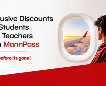 Promotional banner for MannPass: exclusive discounts for students and teachers, with a traveler looking out an airplane window.